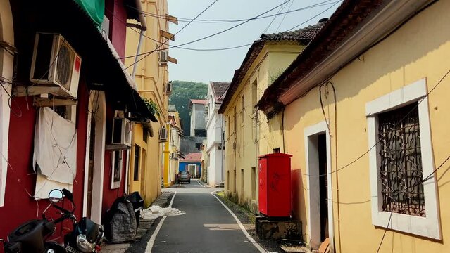 Portuguese influence on houses in Goa is seen with bright-coloured homes in the Fontainhas neighbourhood