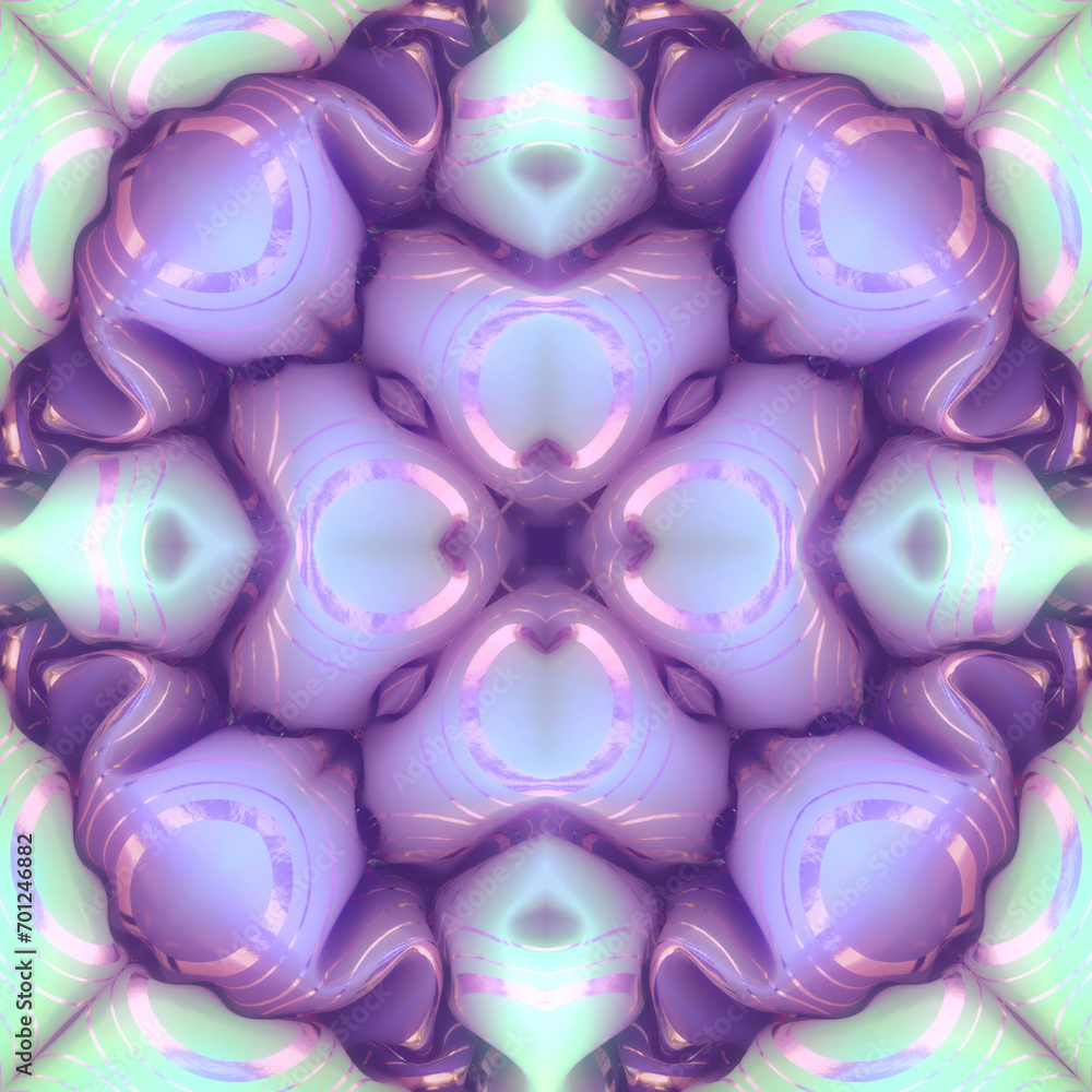 Poster Purple-blue kaleidoscope background with gold geometric pattern on the inflatable surface. 3d rendering illustration