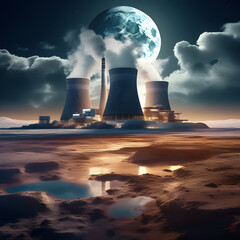 Unrealistic picture of a nuclear power plant which is being operated on the moon and the earth is in the background