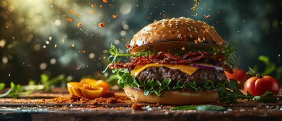 Flying Ingredients on a Beef Burger - obrazy, fototapety, plakaty