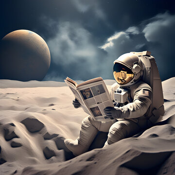 An astronaut is reading a newspaper from the moon