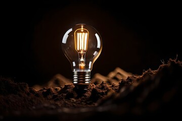 light bulb on black background, A light bulb glowing on pile of soil stock photo