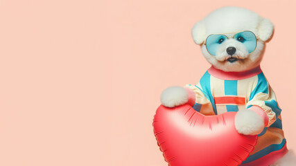Cute puppy dog holding heart balloon on isolated background. Valentine's day concept