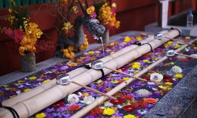 カラフルな花で飾られた神社の手水舎