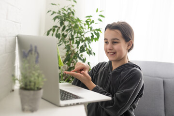 A teenage girl sits in front of her laptop learning sign language, a language for the deaf online