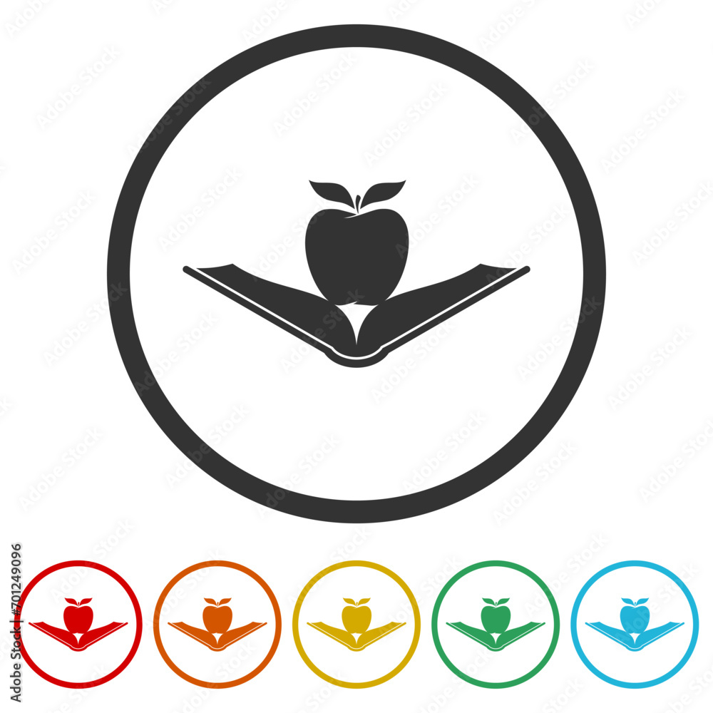 Poster open book with apple icon. set icons in color circle buttons