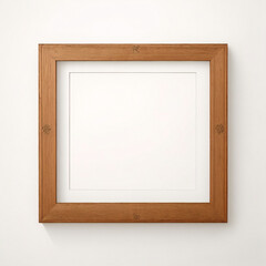 Fototapeta premium Fotomodell mit Holzrahmen an der Wand. Modell eines Bilderrahmens aus Holz. Horizontaler Rand mit Schatten. Leerer Fotorahmen A4 an der Hintergrundwand. Rand für Designdrucke, Poster und Gemälde. Vekt