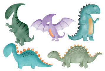 Watercolor colorful cute dinosaurs illustration.