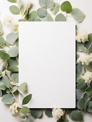 High quality, mock up wedding card with eucalyptus and white flowers and free space - obrazy, fototapety, plakaty