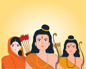 Vector illustration of Shree Ram with His Wife Sita and Brother Laxman return in Ayodhya mandir temple  - obrazy, fototapety, plakaty