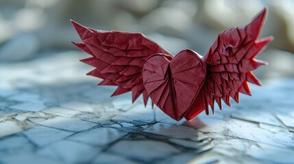 Origami Heart with Wings on a Light Background