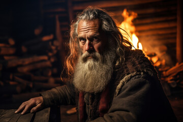 Viking elder a man with a long grey beard and weathered face, gazing contemplatively into the fire inside a longhouse. The lighting is warm and soft, creating a reflective mood