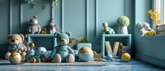 Blue Frame Podium with Children's Toys