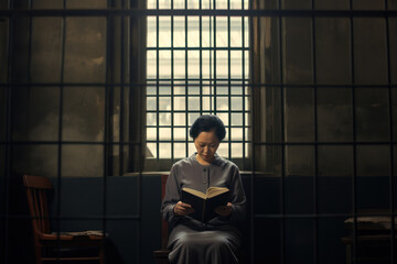 Middle-aged Asian woman in her 40s, serving a life sentence, reading a book in her cell, which features minimal furnishings and a barred window