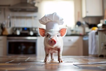 A cute piglet in a chef's hat is standing on the kitchen table. Blurred background. Funny and adorable exotic pet. Domestic animal.