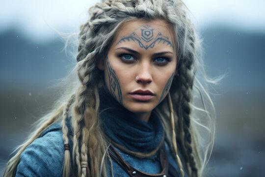 Viking shieldmaiden, sporting elaborate braids wrapped around her head and striking blue and white facial paint, signifying her status as a protector