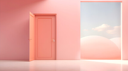 Vibrant surreal worldin Peach color, an open door reveals bright fantasy world in Soft Peach Hue. Color of the Year 2024, visual escapism. Banner. Copy space