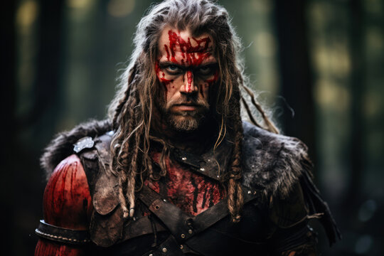 Portrait of a Viking warrior with a distinct, long braided hairstyle and bold, black and red face paint, symbolizing his prowess in battle
