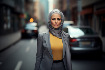 Femme mûre élégante et voilée portant un costume gris et un hijab, travailleuse active, dirigeante d'entreprise musulmane dans une grande ville américaine - obrazy, fototapety, plakaty