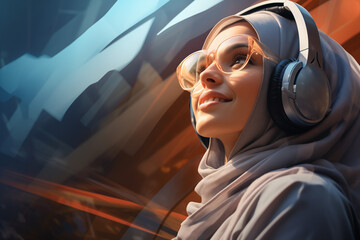 Jeune femme ou adolescente musulmane portant le hijab regardant la ville animée durant son trajet quotidien, écoute de musique, jeune femme moderne et traditionnelle - obrazy, fototapety, plakaty