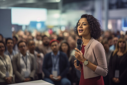 Femme prenant la parole lors d'une conf&eacute;rence professionnelle devant une audience attentive, vie d'entrepreneur &agrave; un salon professionnel, dirigeant d'entreprise et coach inspirant