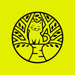 Happy Cat in the Forest Circle Monoline Logo, Minimalist Vector Illustration for Pet Shop or Nature Brand
