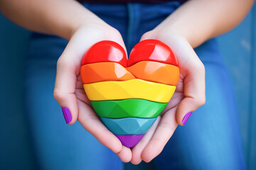 Hands holding rainbow heart 