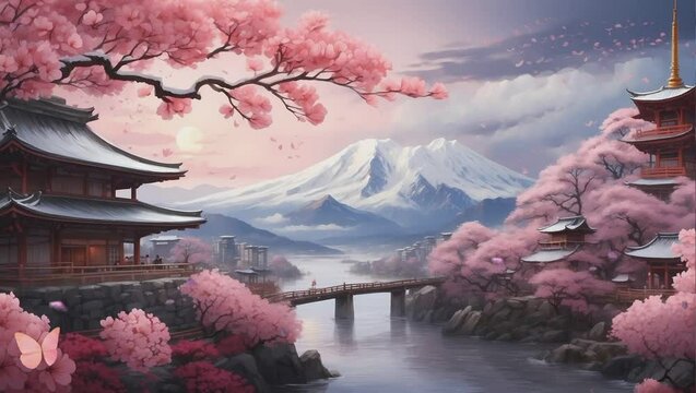 Bright ambience landscape of beautiful morning sky, mountains, sakura, lake, ancient house with simple animation in Japanese anime watercolour style. A smooth looping video perfect for your projects.