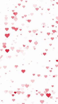 Beautiful loop red hearts slow movement on white vertical background. Concept Valentine's day animation.