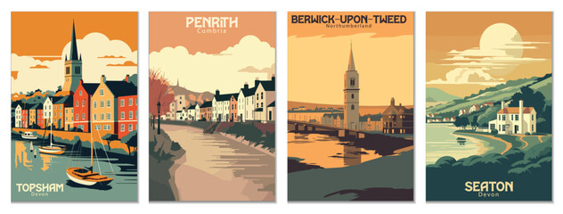 Vintage Travel Posters Set: Topsham, Devon, Seaton, Devon, Berwick-Upon-Tweed, Northumberland, Penrith, Cumbria - Vector Art for Famous Tourist Destinations