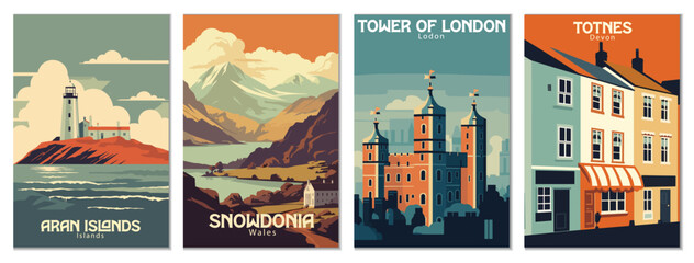 Vintage Travel Posters Set: Totnes, Devon, Aran Islands, Ireland, Tower Of London, London, Snowdonia, Wales - Vector Art for Famous Tourist Destination - obrazy, fototapety, plakaty