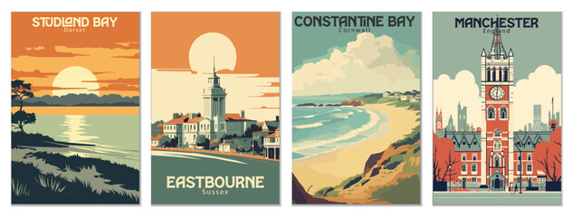 Vintage Travel Posters Set: Studland Bay, Dorset, Manchester, England, Constantine Bay, Cornwall, Eastbourne, Sussex - Vector Art for Famous Tourist Destinations - obrazy, fototapety, plakaty