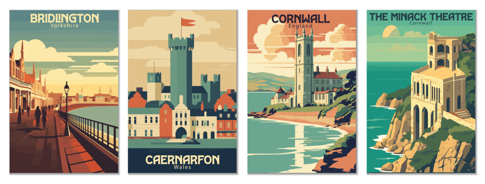 Vintage Travel Posters Set: Burnham Market, Norfolk, Caernarfon, Wales, The Minack Theatre, Cornwall, Bridlington, Yorkshire - Vector Art for Famous Tourist Destinations