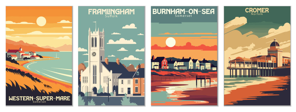 Vintage Travel Posters Set: Weston-Super-Mare, Somerset, Cromer, Norfolk, Burnham-On-Sea, Somerset, Framlingham, Suffolk - Vector Art for Famous Tourist Destinations