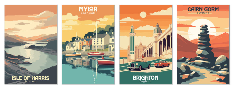 Vintage Travel Posters Set: Isle Of Harris, Scotland, Cairn Gorm, Scotland, Brighton, England, Mylor, Cornwall - Vector Art for Famous Tourist Destinations