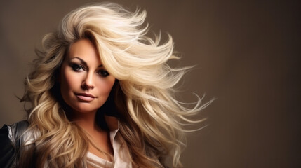Fototapeta premium Portrait of smiling blond 45 yo mid age woman outdoors, hair fluttering in the wind
