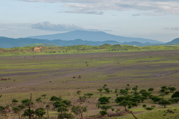 Fototapeta na wymiar Scenic view of rock formations at Rift Valley at sunrise seen from Mount Ol Doinyo Lengai in Ngorongoro, Tanzania