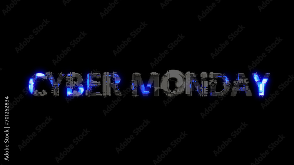 Poster modern cybernetical text cyber monday shining blue electrical light, isolated - object 3d rendering