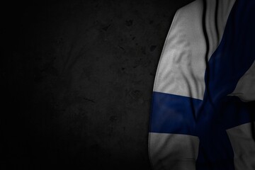 nice national holiday flag 3d illustration. - dark picture of Finland flag with big folds on black stone with empty place for your content - obrazy, fototapety, plakaty