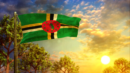 waving flag of Dominica at sundown for veterans day - abstract 3D illustration