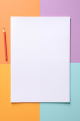 Blank white sheet of paper on a colorful child's desk for drawing, coloring, homework or painting mock up background. Generative Ai.