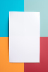 Blank white sheet of paper on a colorful child's desk for drawing, coloring, homework or painting mock up background. Generative Ai.