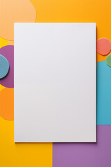 Blank white sheet of paper on a colorful child's desk for drawing, coloring, homework or painting mock up background. Generative Ai.