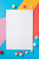 Blank white sheet of paper on a colorful child's desk for drawing, coloring, homework or painting mock up background. Generative Ai.