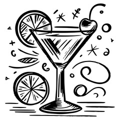 Manhattan cocktail, Drink Doodles line , Line art , hand-drawn in the style of doodles line , menu for restaurant , SVG File.