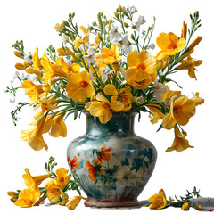 Spring freesias in the vase High quality isolated on transparent background Generative AI	
