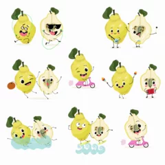 Fotobehang Cute cartoon quince character set, collection. Flat vector illustration. Activities, playing musical instruments, sports, funny fruits. © Natalia