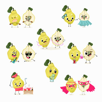 Cute cartoon quince character set, collection. Flat vector illustration. Activities, playing musical instruments, sports, funny fruits.