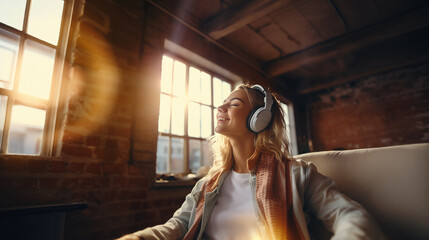 Woman during relax time with lovely headphone and favorite song - obrazy, fototapety, plakaty