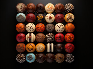 Minimalism, view from top,  luxury muffins ,Cupcake Selection Variety with Fancy Gourmet Topping, Top Overhead View